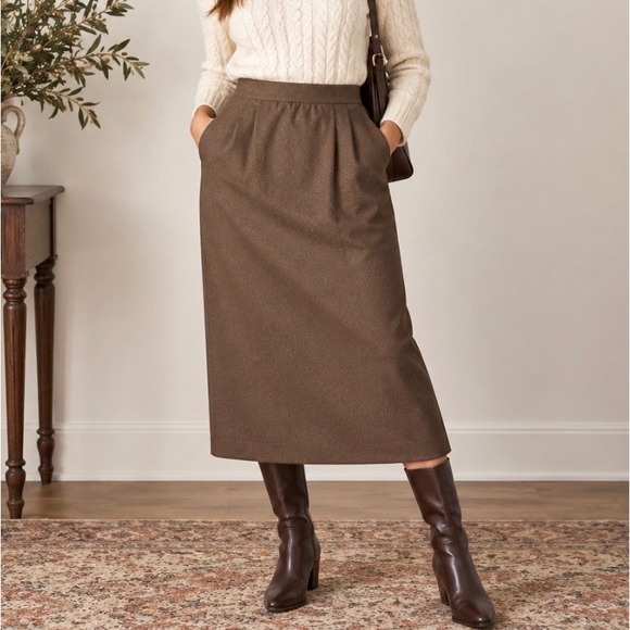 Talbots Dresses & Skirts - Vtg Talbots Wool Midi Skirt Size 2P Petite A Line Pockets Made in USA Tan Taupe